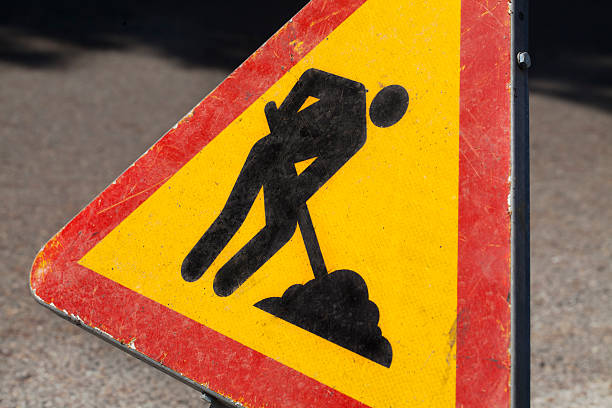 istock Close up of works in progress road sign. 481772930