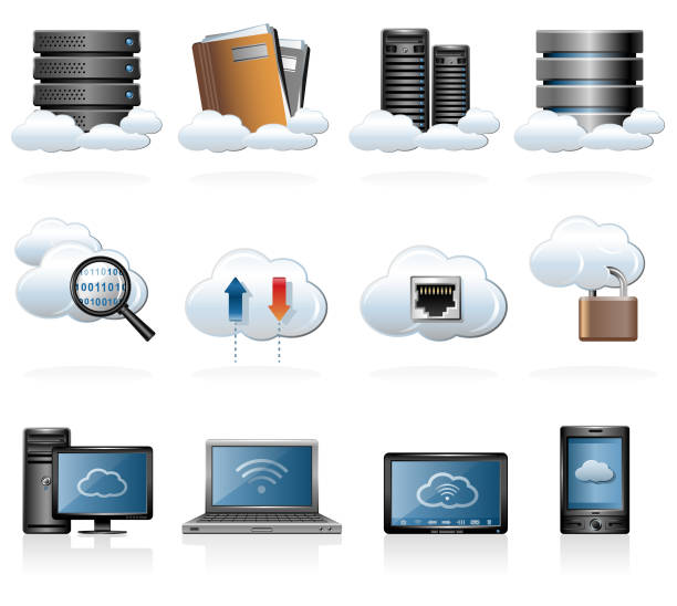 클라우드 컴퓨팅 아이콘 세트 - virtualization network server cloud computing downloading stock illustrations