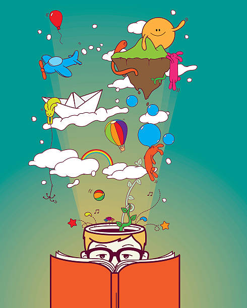 творческий мальчик чтение и dreaming - picture book illustrations stock illustrations