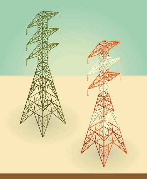 illustrazioni stock, clip art, cartoni animati e icone di tendenza di tralicci delle linee elettriche - isometric power line electricity electricity pylon