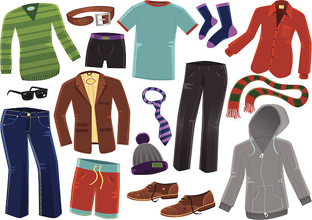 Various male clothing items 16 items of isolated male clothing. Included are; jumper, underpants, leather belt, t-shirt, socks, shirt, jeans, sunglasses, jacket, wool hat, neck tie, trousers, scarf, shoes and a hooded top. blazer and jeans men pics stock illustrations