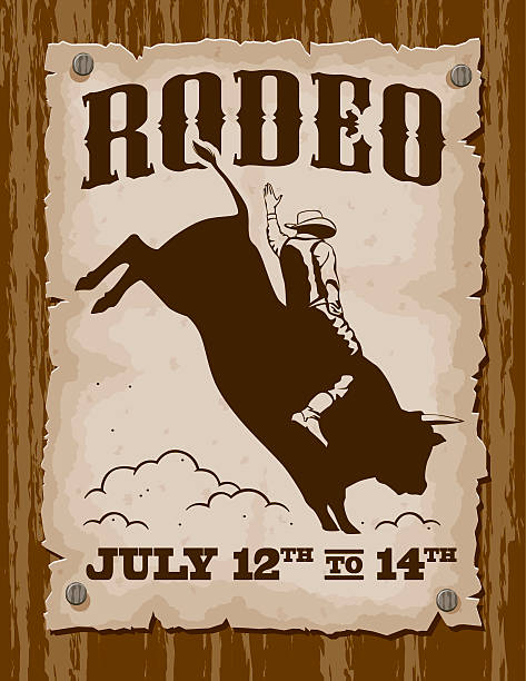 illustrazioni stock, clip art, cartoni animati e icone di tendenza di bullriding rodeo poster vintage - rodeo bull bull riding cowboy
