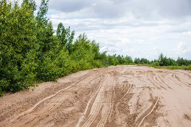 Off road 4X4 wheel tracks on country desert beach road sand motoring background image