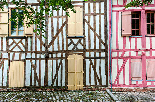 Typical facade of Timbered house in Troyes, France stock photo