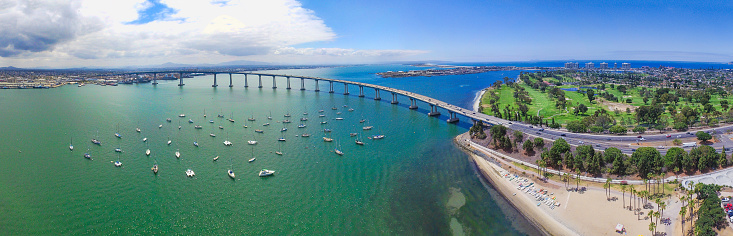 A 3 image aerial panoramic of San Diego's Coronado Bridge.
