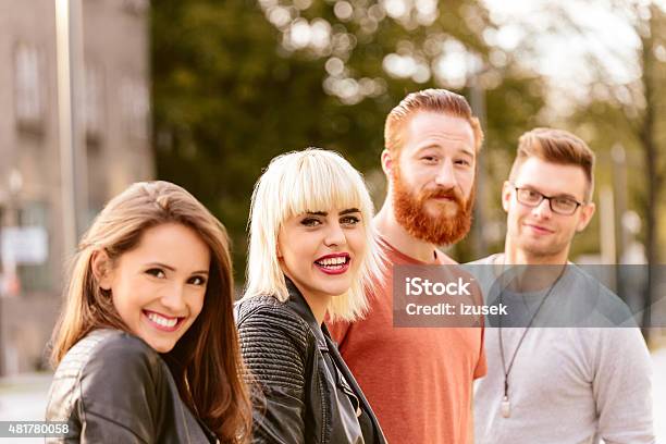 Outdoor Portrait Of Happy Friends Stock Photo - Download Image Now - 20-24 Years, 2015, Adult