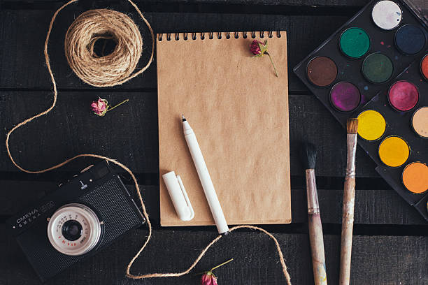istock Blank paper mockup with artist brushes on wooden table 481788004