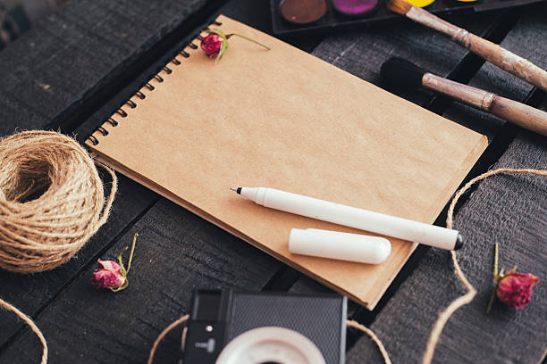istock Blank paper mockup with artist brushes on wooden table 481788016