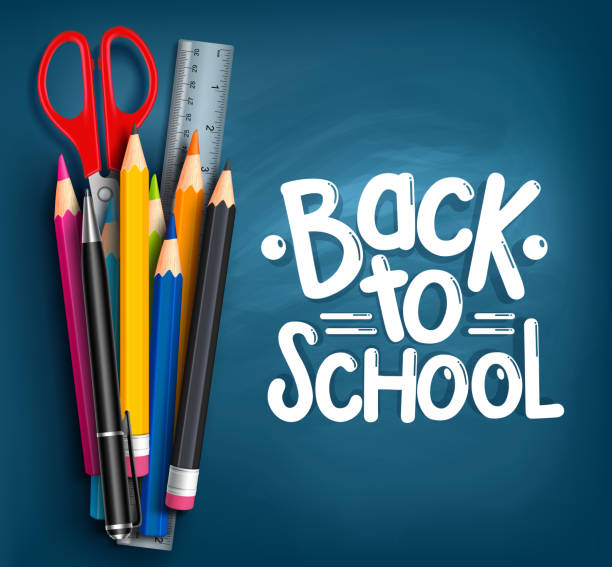 back to school название слова с реалистичными школьных пунктов - education blackboard child teacher stock illustrations