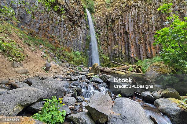 Dry Creek Falls In Columbia River Gorge Stock Photo - Download Image Now - 2015, Amphitheater, Boulder - Rock