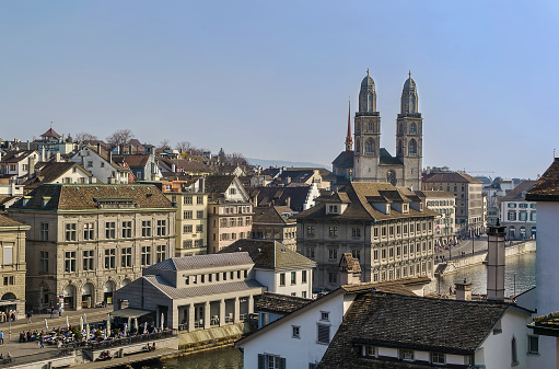 view of Zurich with Grossmunster church from the Lindenhof hill, Switzerland
