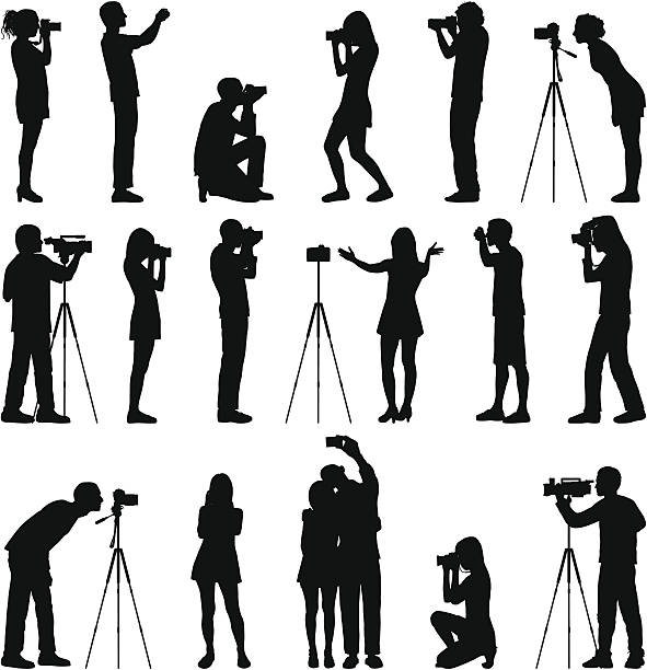Photographers Highly detailed silhouettes of photographers. outline photos stock illustrations