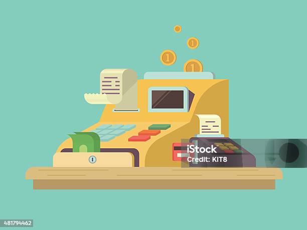 Cash Register In Flat Style Stock Illustration - Download Image Now - Cash Register, Checkout, Paper Currency