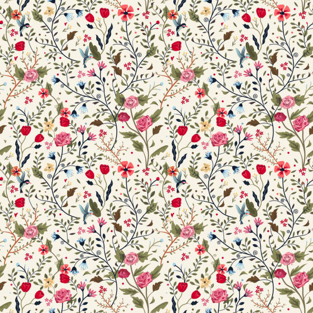 ilustrações de stock, clip art, desenhos animados e ícones de adorável sem costura padrão floral colorido - pattern bird seamless backgrounds