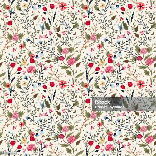 Colorful Adorable Seamless Floral Pattern Stock Illustration - Download Image Now - Flower, Pattern, Bird