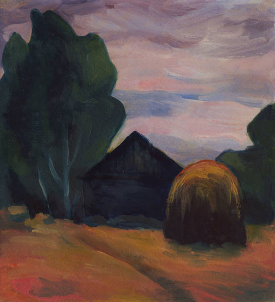 istock Summer evening landscape with house and haystack and trees. Oil painting 481795038