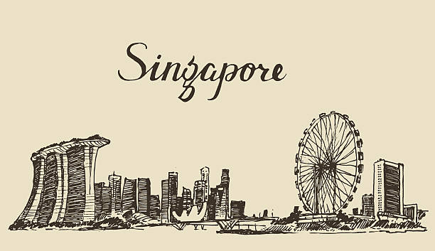 singapur architektur von hand gezeichnete skizze - singapore stock-grafiken, -clipart, -cartoons und -symbole