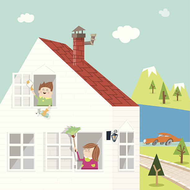 Spring-clean A Illustration of family gathering for spring cleaning. mop of pictures stock illustrations
