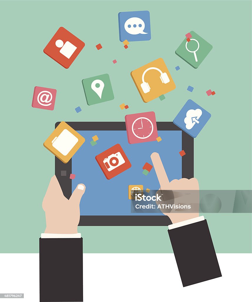 Vector Hands touching a tablet with Social Marketing icon Abstract stock vector