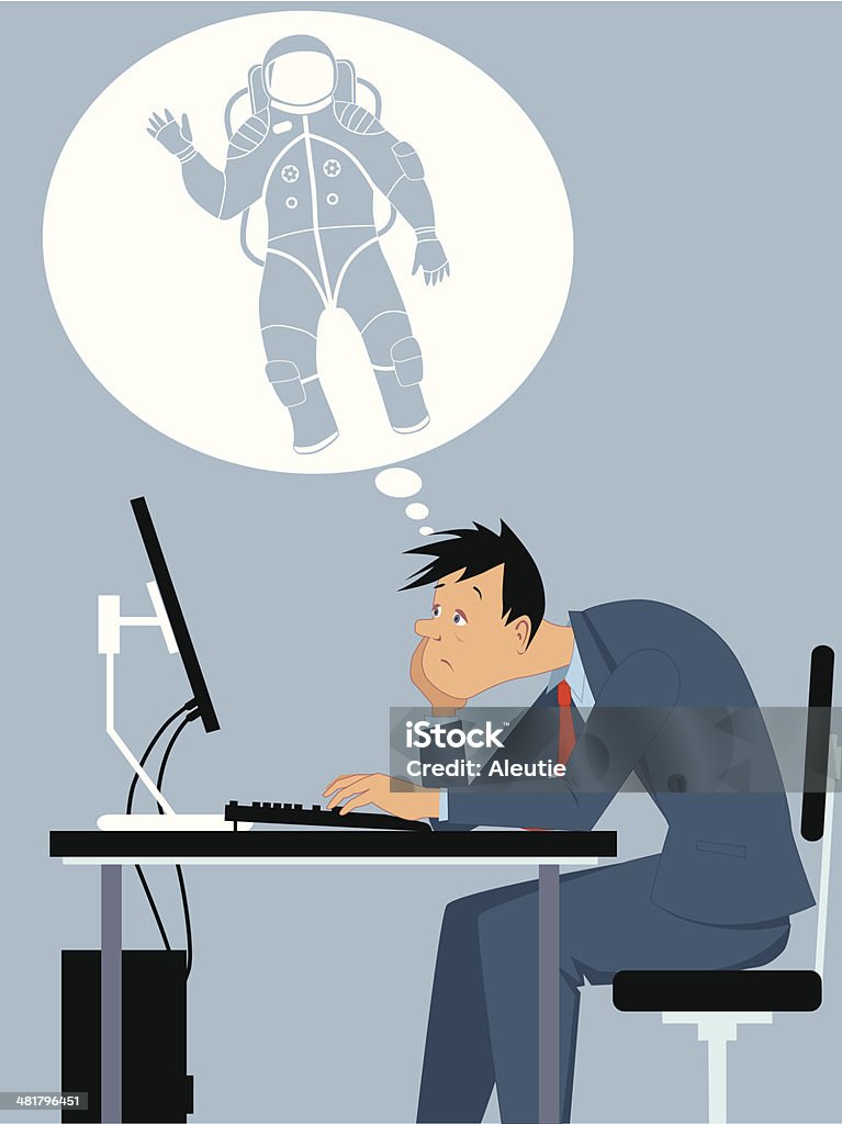 Man dreaming of a different career Depressed office worker sitting at the computer desk, dreaming of being an astronaut, vector cartoon Astronaut stock vector