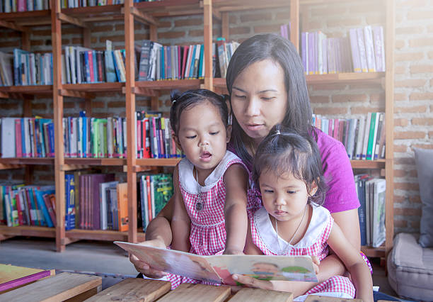 istock Mother and little daughter reading book together in library 481801896