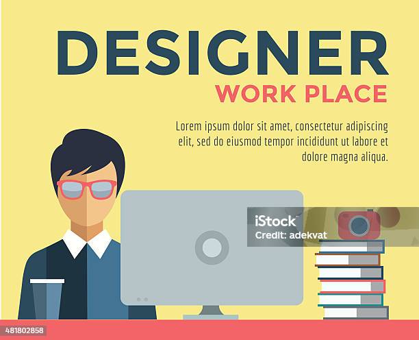 Designer On Work Place Vector Logo Illustration Objects Office And Stock Illustration - Download Image Now
