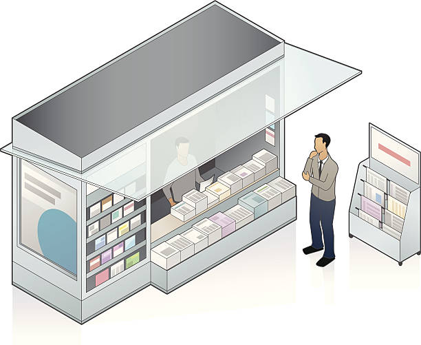 Newsstand Illustration A man browses stacks of newspapers at a news kiosk. EPS10 and high quality JPEG included. newspaper seller stock illustrations