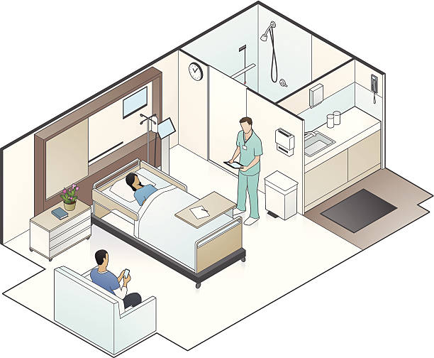 Hospital Room Illustration Detailed hospital room cutaway with patient, hospital worker and visitor in isometric view. hospital ward stock illustrations