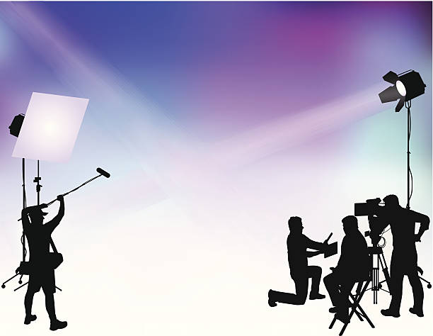 Film Shoot Production set with figures easy to edit. Files included – jpg, ai (version 8 and CS3), and eps (version 8) spotlight illustrations stock illustrations