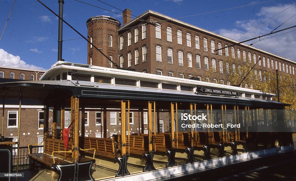 Antique Street Car at entrance National Historical Park Lowell Massachussetts 19th Century Style Stock Photo