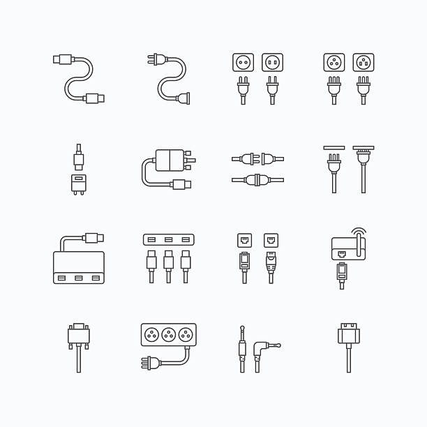 stockillustraties, clipart, cartoons en iconen met vector linear web icons set - cable wire computer plug - kabel