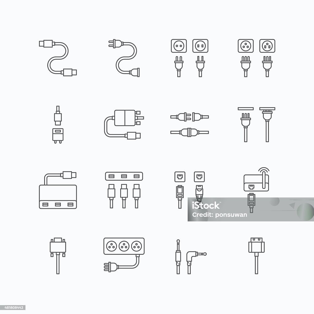 vector linear web icons set - cable wire computer plug vector linear web icons set - cable wire computer and electricity plug collection of flat line design elements. Icon Symbol stock vector