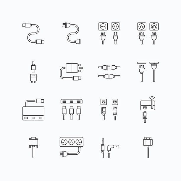 vector linear web icons set - cable wire computer plug vector linear web icons set - cable wire computer and electricity plug collection of flat line design elements. computer cable stock illustrations