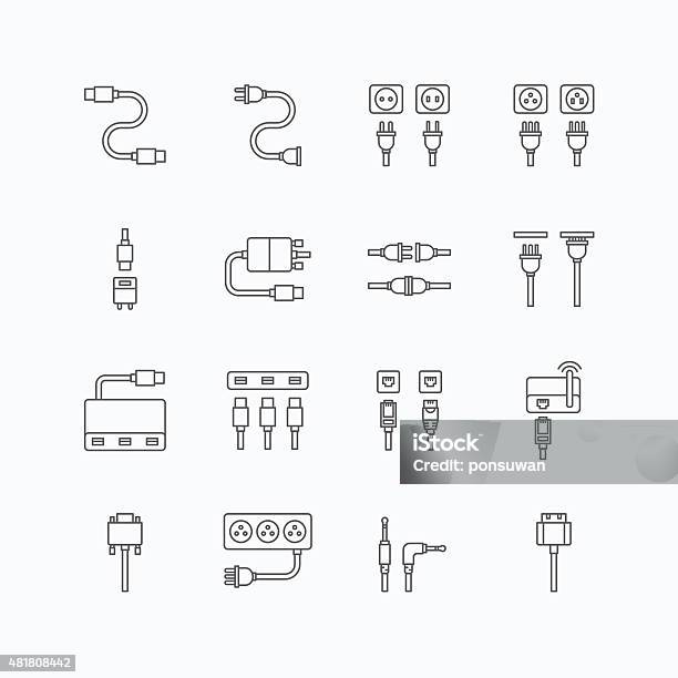 Vector Linear Web Icons Set Cable Wire Computer Plug Stock Illustration - Download Image Now