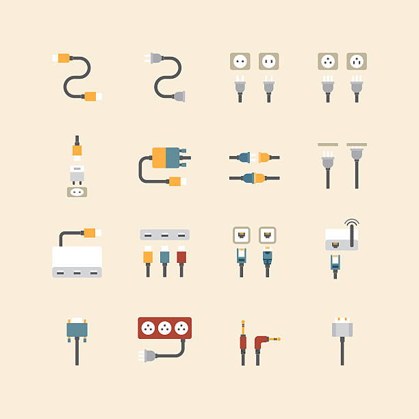 ilustraciones, imágenes clip art, dibujos animados e iconos de stock de web de conjunto de iconos de vector lineal-cable de conector macho de cable de ordenador - cable audio equipment electric plug computer cable