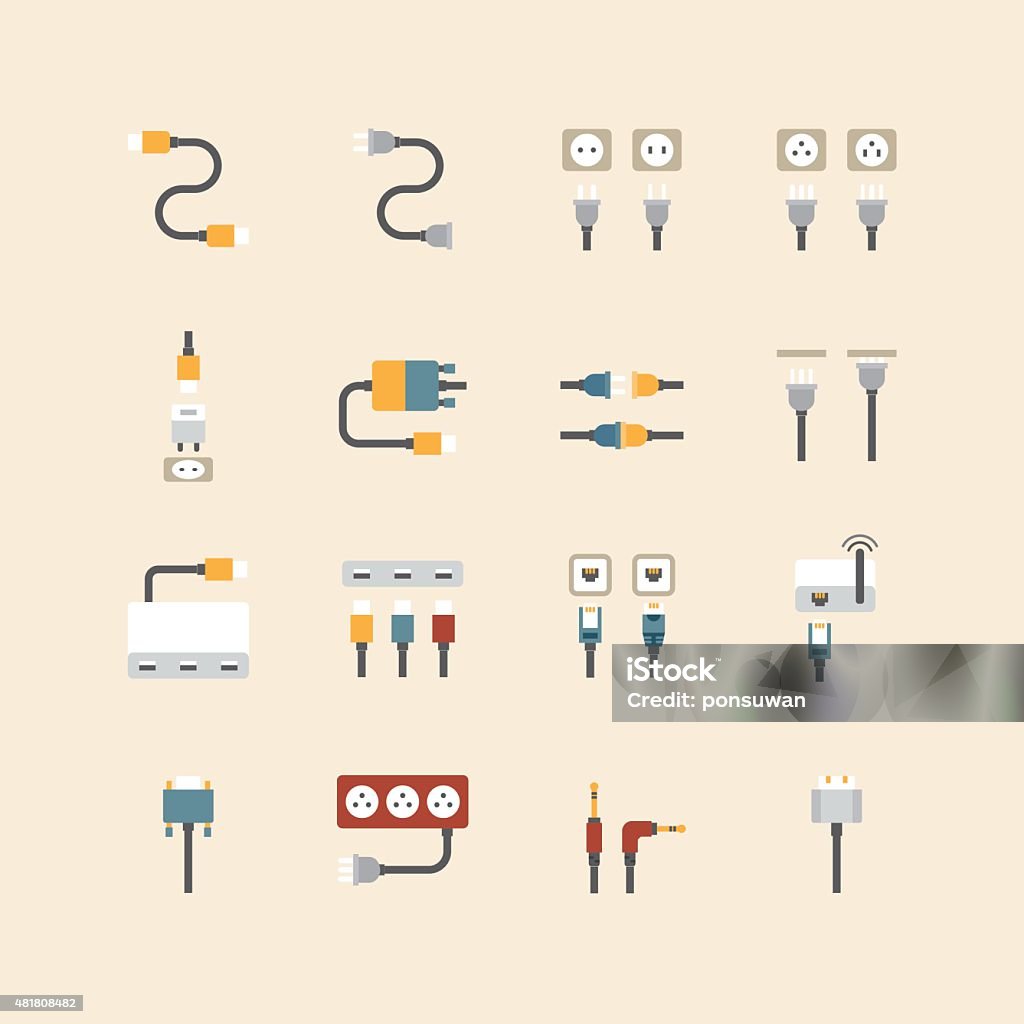 Vecteur linear web icônes set-câble avec console de connexion informatique - clipart vectoriel de Câble d'ordinateur libre de droits