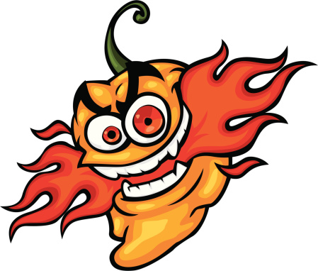 cartoon habanero pepper with flames shooting out of its mouth