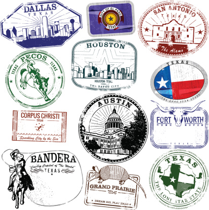 Series of stylized retro/vintage passport style stamps of different Texas Locations. As well as two decals.