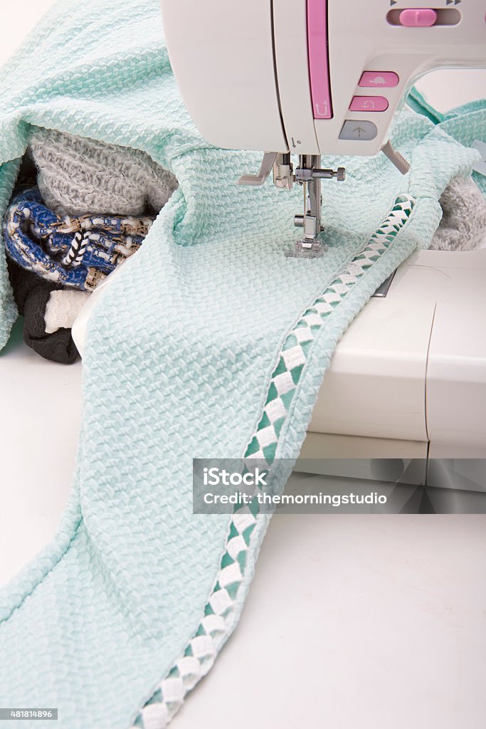 Background with sewing tools and colored fabric 2015 Stock Photo