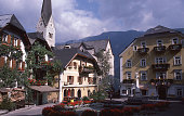 Central Plaza of village and church spires in Hallstatt, Austria