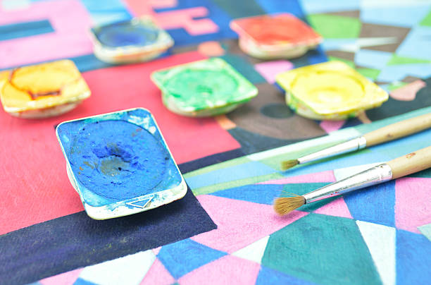 istock Messy used water color paint box and paintbrush 481817448