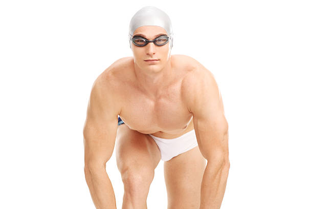 homem nadador pronto para ir receber - swimming male isolated swimming goggles imagens e fotografias de stock