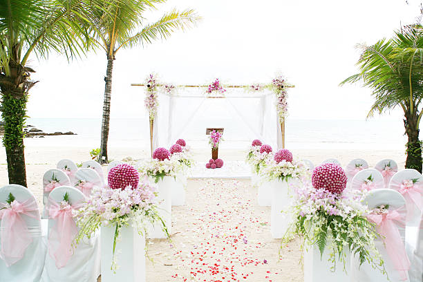 istock Floral arrangement at a wedding ceremony on the beach. 481818548