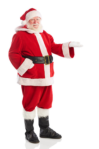 Portrait of santa claus presenting your product on his palm over white background