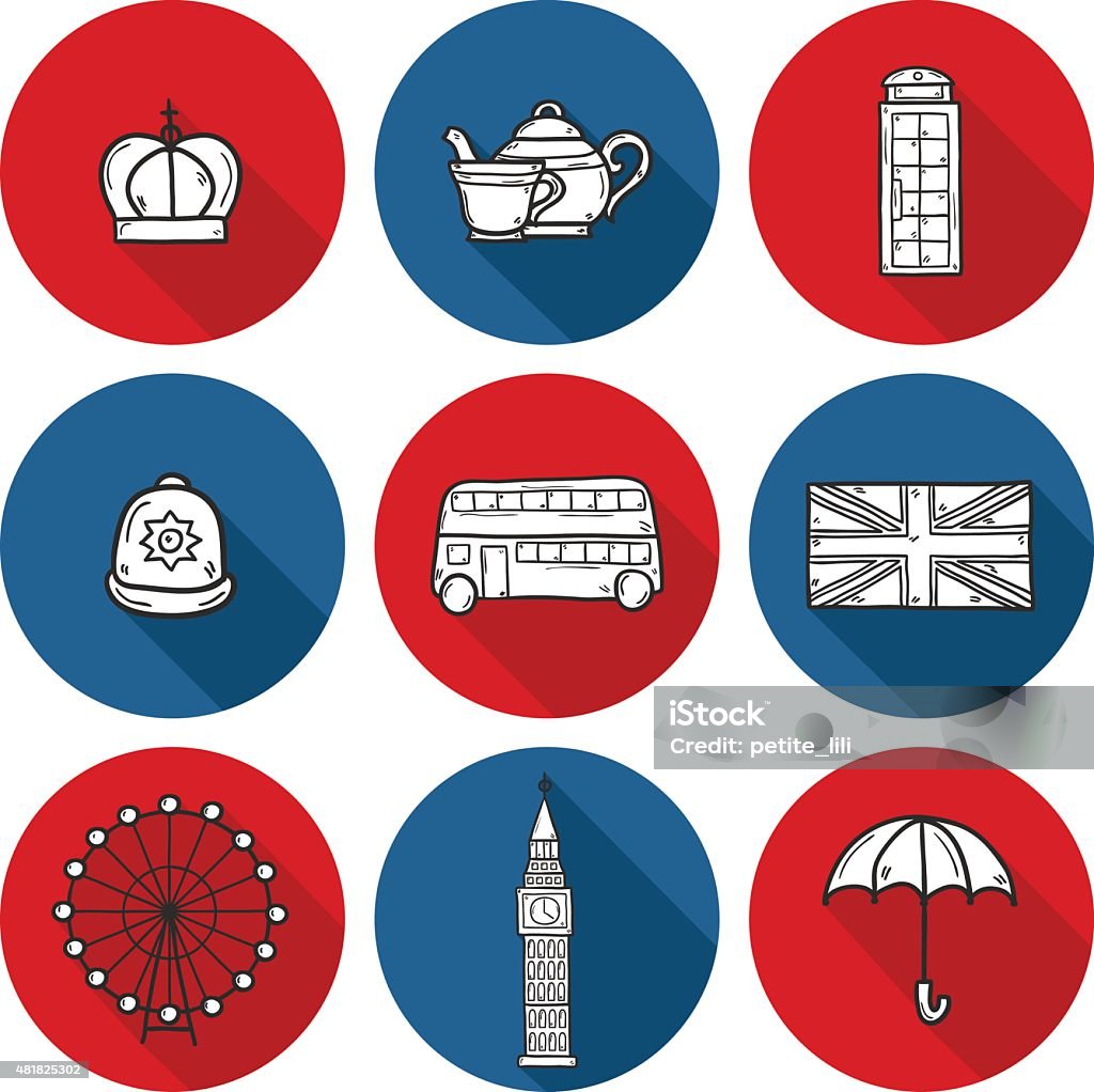 Set of cute hand drawn cartoon objects on London theme Set of cute hand drawn cartoon objects on London theme: queen crown, red bus, big ben, umbrella, london eye, telephone box. Travel concept for site, card 2015 stock vector