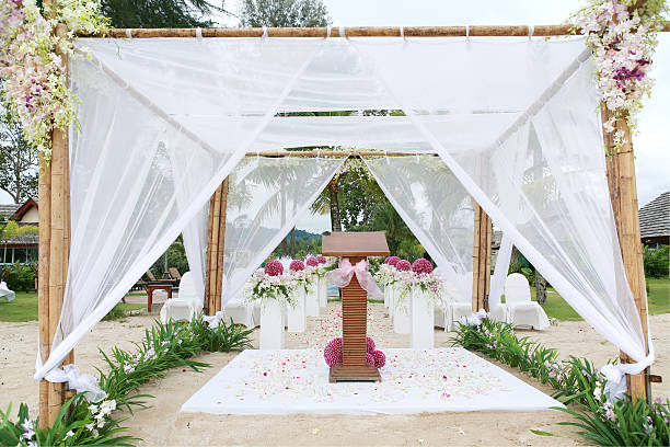 istock Floral arrangement at a wedding ceremony on the beach. 481825568