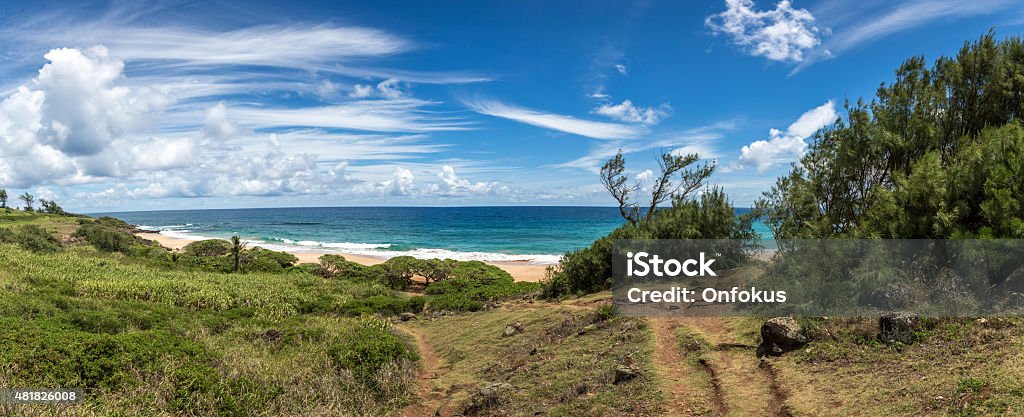 Panoramic Tropical Beach and Nature Landscape, Hawaii A Panoramic picture of Tropical Beach and Nature Landscape, Hawaii. This Idyllic and empty beach is named Donkey Beach on Kauai Island. 2015 Stock Photo