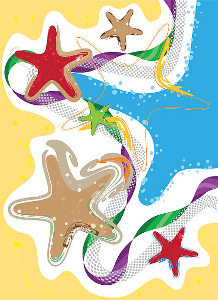 illustrazioni stock, clip art, cartoni animati e icone di tendenza di costa, mare e stelle marine, stilizzato composizione colore - shell sea souvenir island