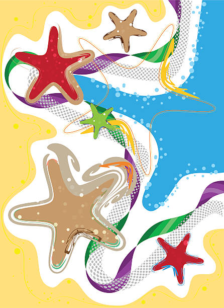 ilustrações de stock, clip art, desenhos animados e ícones de costa, fundos e estrela-do-mar, estilizada composição colorida - shell sea souvenir island