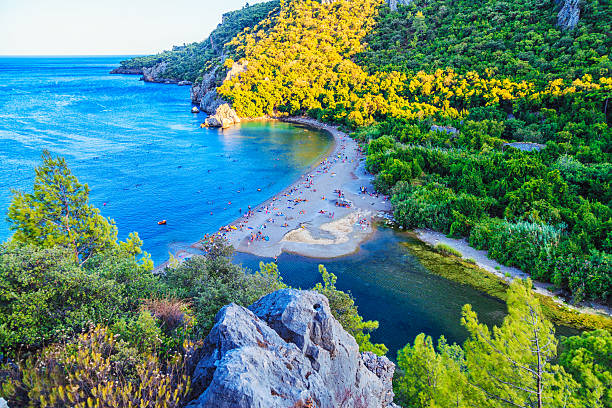 Olympos Beach mediterranean coast from high angle in Olympos, Antalya, Turkey alanya stock pictures, royalty-free photos & images